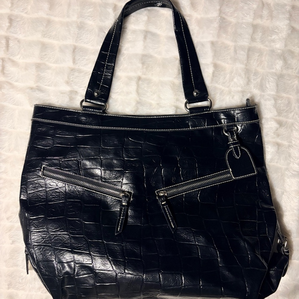 Black Crocodile Embossed Leather Tote Hobo Shoulder Large Handbag Silver Accents
